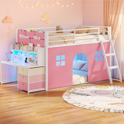 Lit mezzanine réversible deux places avec bureau, éclairage DEL et station de recharge, lit superposé en métal pour enfants avec rangement et rideau de jeu, rose