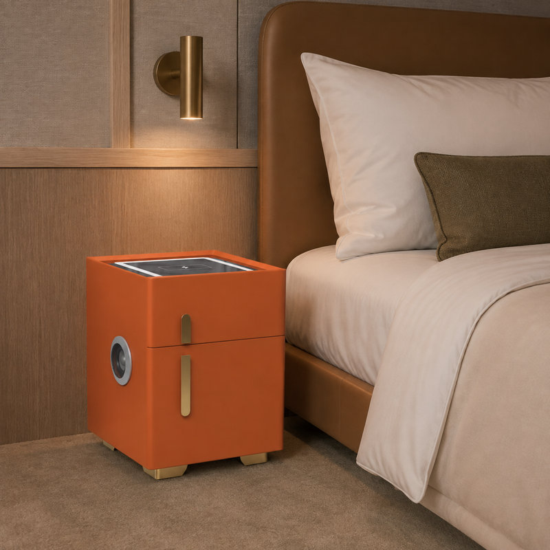 Table de chevet moderne et élégante de 53 cm de haut en pin massif, revêtue de cuir microfibre, disponible en 7 couleurs, avec serrure à code, chargement sans fil, port USB, éclairage tricolore et haut-parleur Bluetooth.
