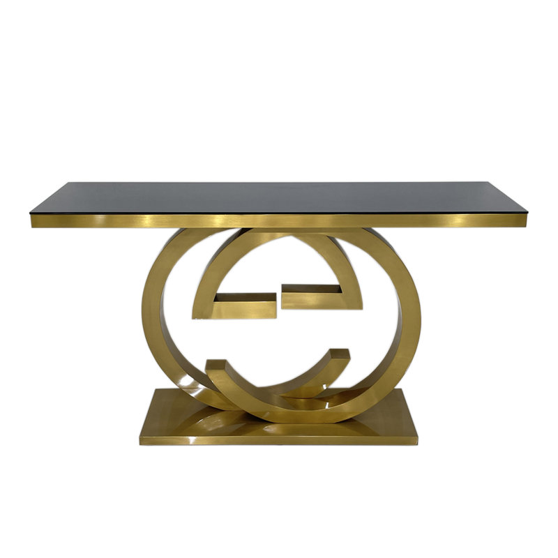 Console en verre noir, base or mat