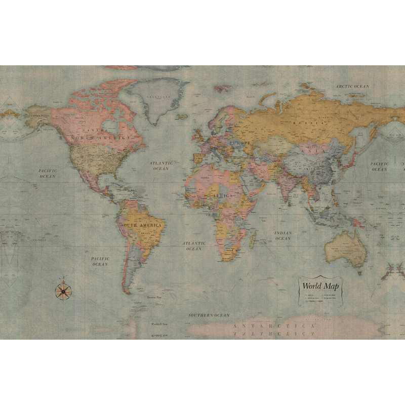 Classic World Map With Linen - Wrapped Canvas Print, 20cm H x 30cm W x 3.8cm D