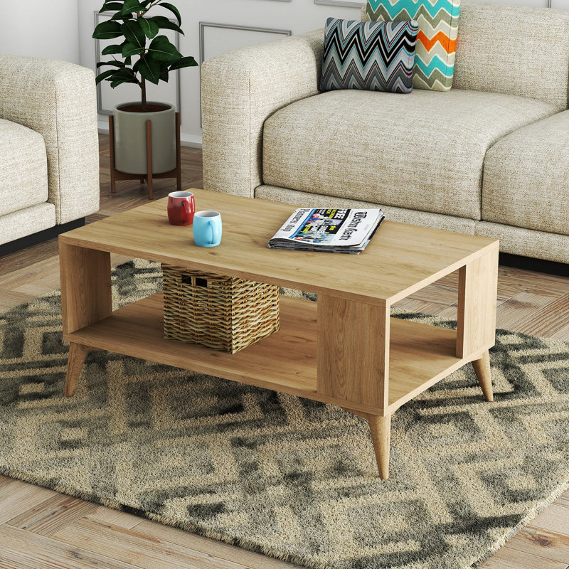 Modern Oak Coffee Table, 2-Tier Design, 35.4 x 21.3 x 21.3 inches | 100% Melamine Coated Particle Board, Thickness: 0.7 inches | Plastic Legs, Wall-Mountable, Scandinavian Style | Elegant & Functional Living Room Furniture