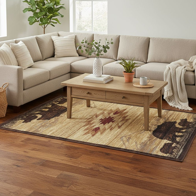 Rustic Cabin Area Rug with Woodland Animal Design, Brown Beige Outdoor Wildlife Motif Carpet