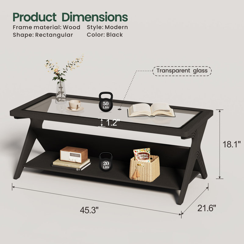 Rectangle Coffee Table With Glass Top & Storage Shelf, Black