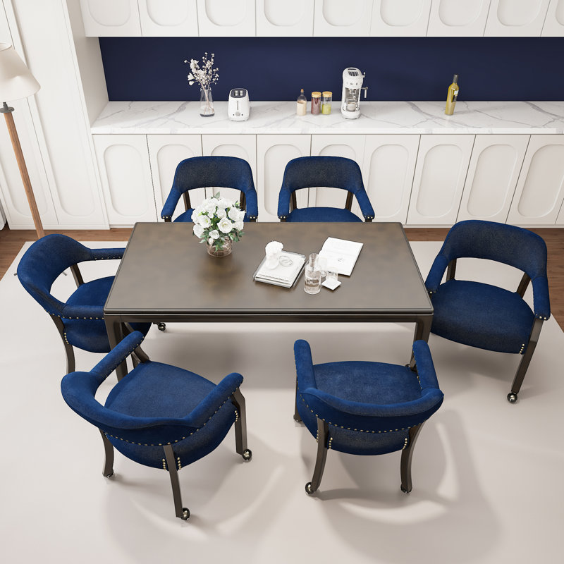 Fabric Dining Chairs With Arms And Casters, Blue, 1
