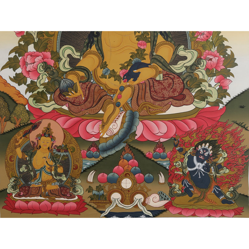 «Kubera Wealth God», art mural | Toile bouddhiste peinte à la main Prosperity | Décoration de méditation traditionnelle tibétaine spirituelle avec or 24 carats pour le bureau
