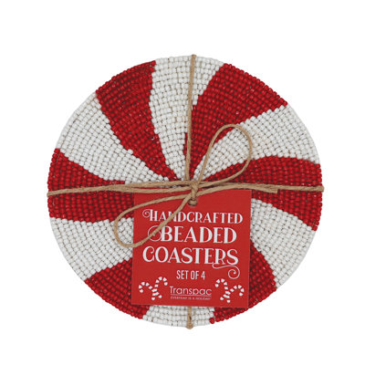 Beaded Peppermint Coasters, Red, Beaded, Set of 4, Tabletop, Kitchen, Christmas, Tabletop Accessories