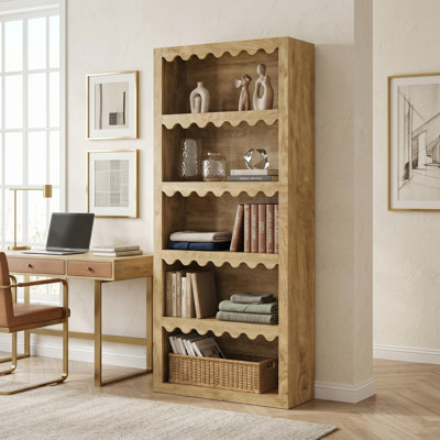 70" Modern Bookshelf with Scalloped Edges, White Storage Organizer for Home