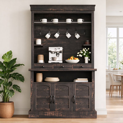 Meuble-bar à café de style ferme de 183 cm avec tablette et 6 crochets | Garde-manger avec 3 tiroirs, tablette en verre et tablettes ajustables – Ensemble anti-basculement inclus