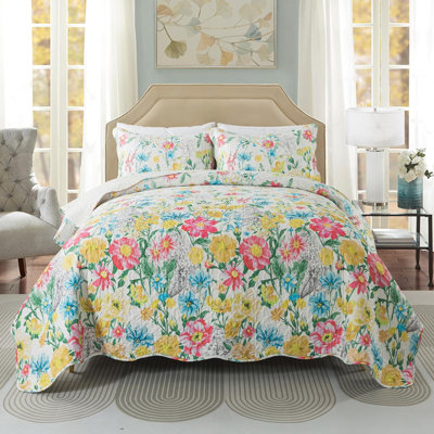 3pcs Hand-Quilted Purple Dream Garden Bedspread Set - Pure Cotton Filling & Microfiber Cover, 1 Bedspread And 2 Pillowcases, All-Season Breathable, Machine Washable, Queen/King Size