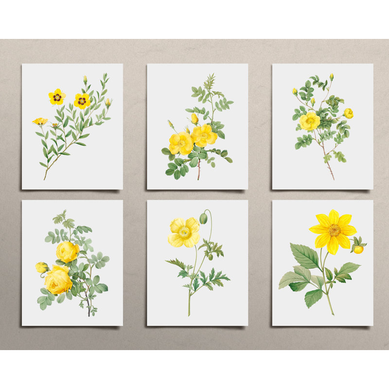 Rose jaune rétro - ensemble de 6 reproductions sans cadre, H 10 po x l 8 po x P 0,05 po
