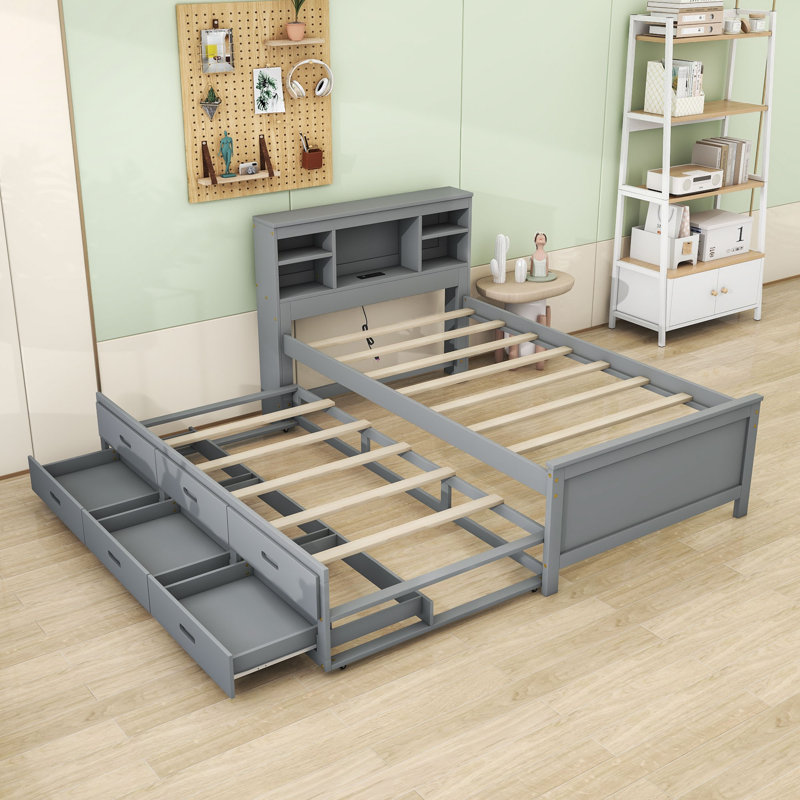Lit plateforme en bois avec tête de lit intégrée, ports USB, lit gigogne simple et tiroirs, Gris, Simple