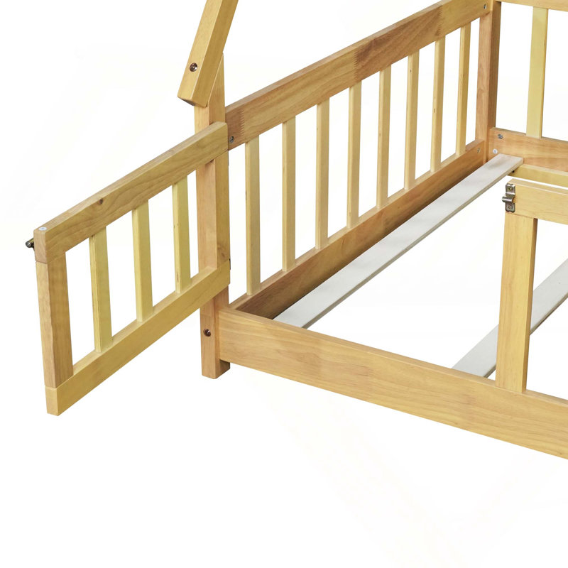 Lit de plancher en forme de tente avec lattes de garde-corps et porte pour l'intimité, la sécurité et l'imagination, Natural