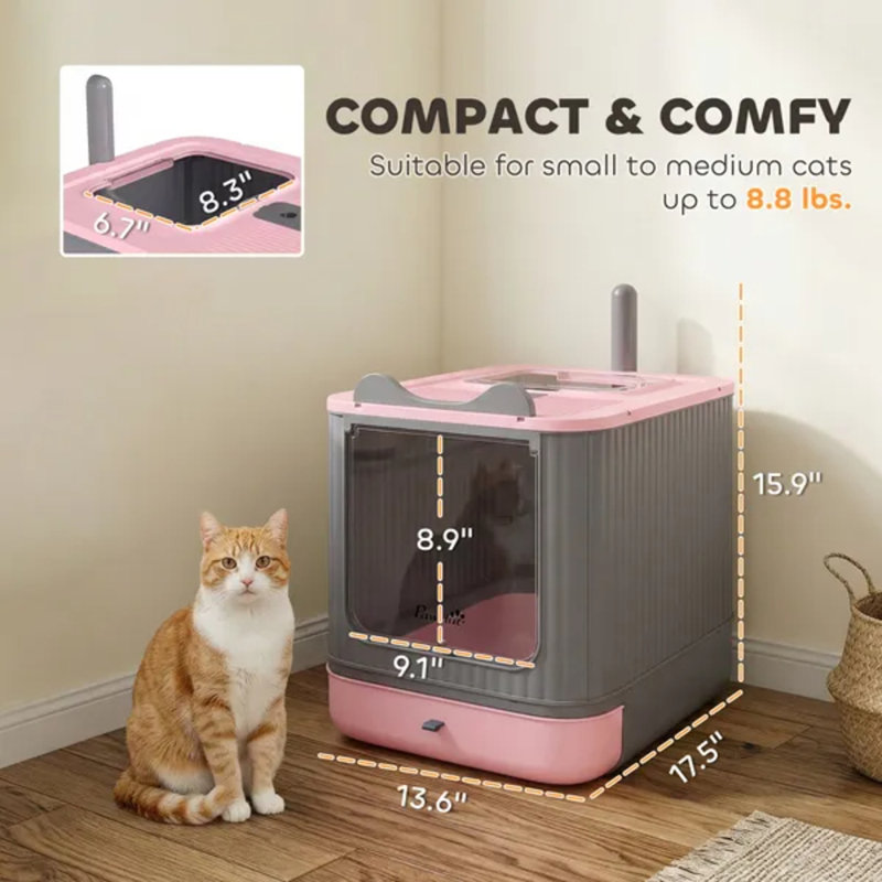 Bac à litière pour chat avec couvercle, bac à litière à entrée par le haut à sortie par le haut avec pelle et désodorisant - rose