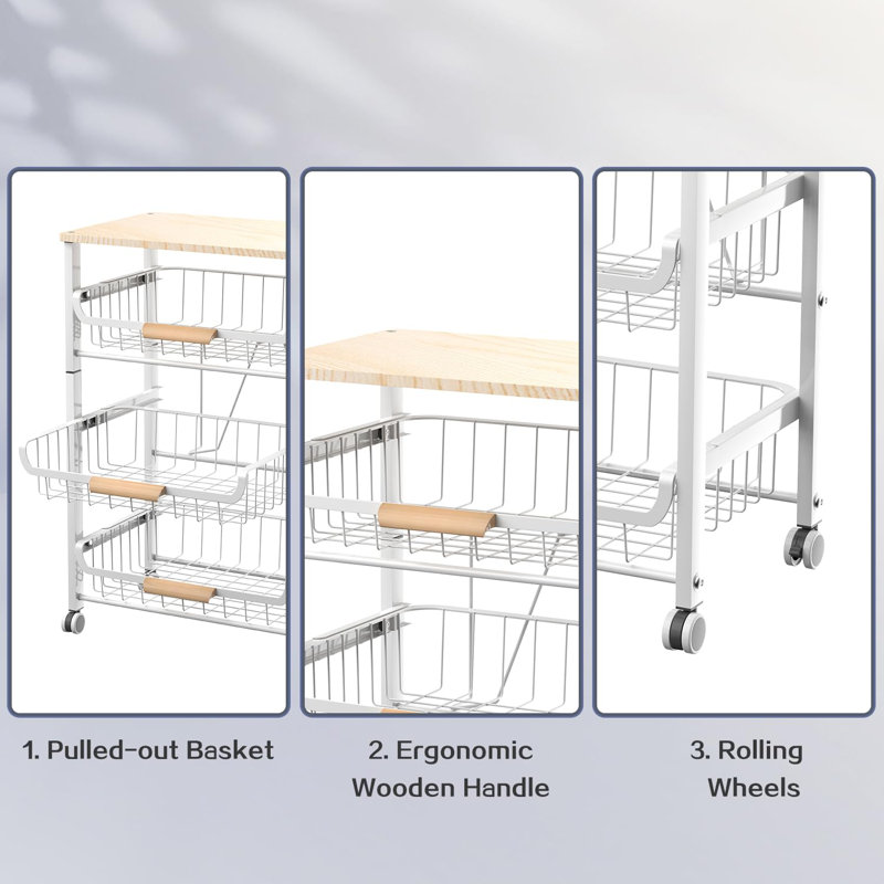 4-Tier Pull-Out Metal Storage Cart with Wooden Top, Sliding Baskets, Handle, and Rolling Wheels