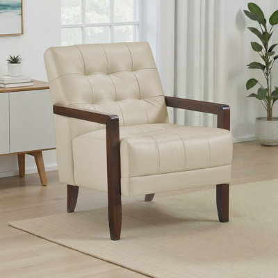 Velsen 26" Mid-Century Modern Accent Chair with Top Grain Leather, Solid Wood Arms, High-Density Foam over Pocket Coils