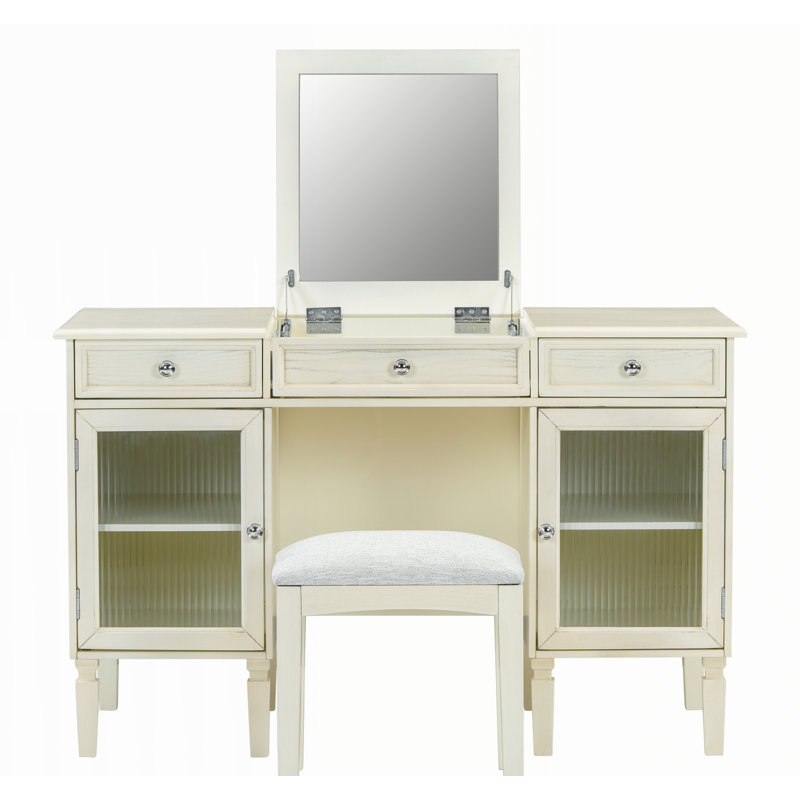 Bureau de coiffeuse 2 en 1 avec miroir rabattable, tiroir et armoire