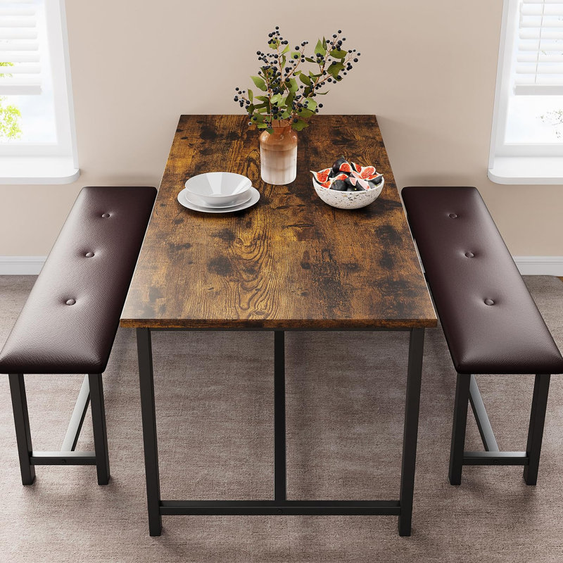 Kitchen Table With Benches, Dining Table Set For 4, Rectangular Dining Room Table Set With 2 Upholstered Benches, 3 Piece Kitchen Table Set For Small Space, Apartment, Studio, Retro Brown