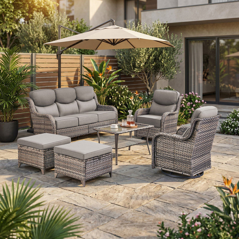 Ensemble de conversation pour patio en osier 6 pièces avec coussins de 6 po Wickes Haven, Gris, Gris