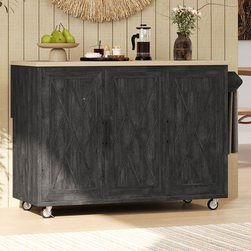 Îlot de cuisine géométrique texturé avec abattant, îlot de cuisine sur roulettes avec support de rangement interne et tablettes réglables, chariot de cuisine roulant avec porte-serviettes pour la cuisine,