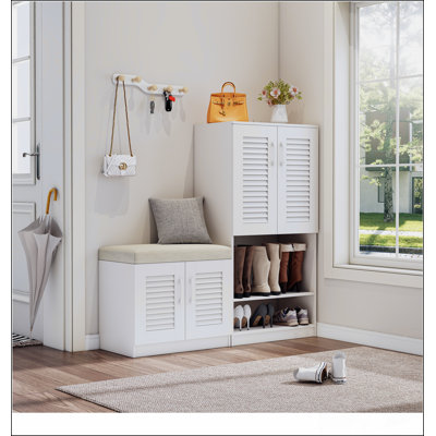 Armoire à chaussures multifonctionnelle avec banc et compartiment de rangement 7 + 3, panneau à couches réglable, banc à chaussures avec coussin pour l'entrée, étagère à chaussures autoportante pour l'entrée, vestibule, couloir, blanc