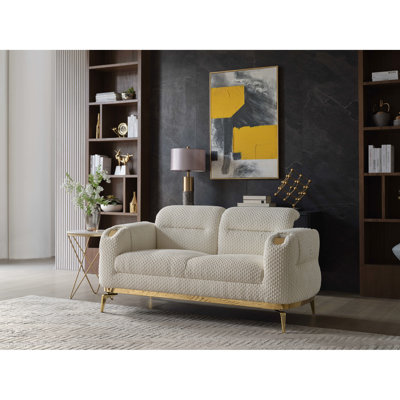 Salon 2 pièces crème, design moderne, pieds rembourrés et dorés, soutien lombaire intégré pour la détente, crème 2 pièces, chenille coupée, avec accents, sièges confortables