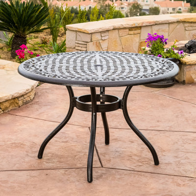 Round 48-inch Table For Outdoor Patio, Cast Aluminum With Hammered Bronze Finish, And Tabletop, Umbrella Hole, Curved Legs, Summer Relaxing Patio Dining In Tabletop , Meals