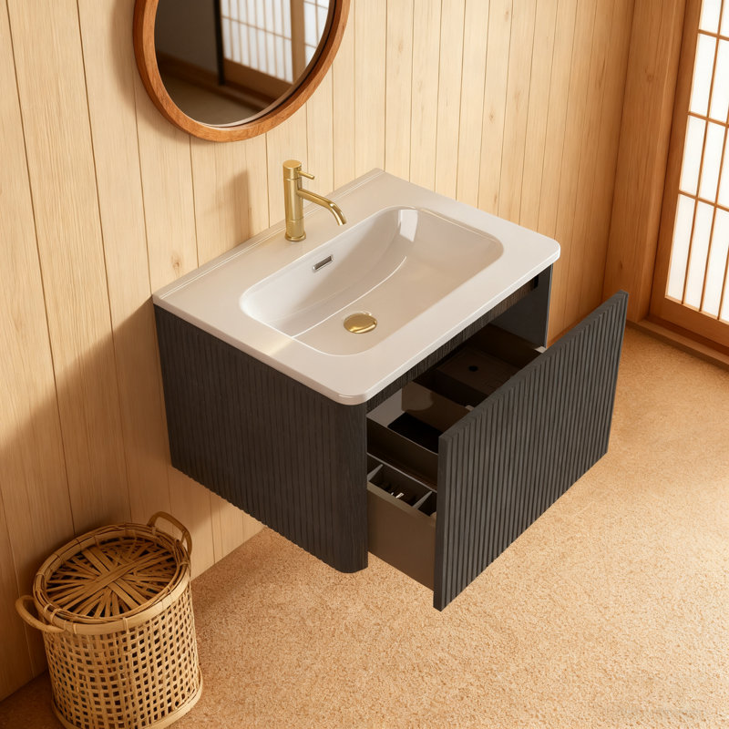 Meuble-lavabo flottant blanc - mural, lavabo 1 pièce (sans bonde / robinet), pré-assemblé