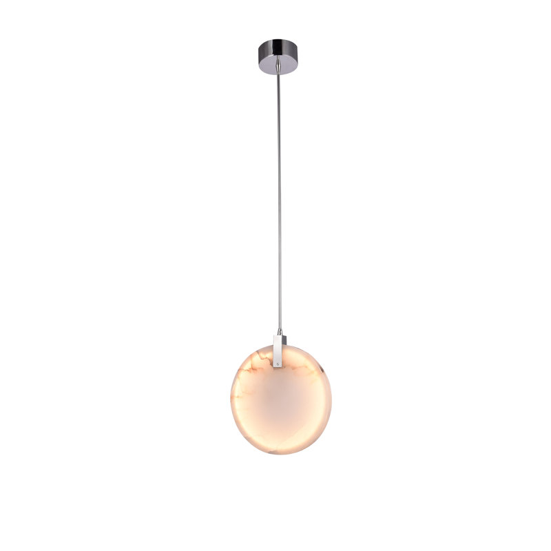 Luminaire suspendu 1 lumière DEL en acier inoxydable chromé avec albâtre espagnol rond, Chrome