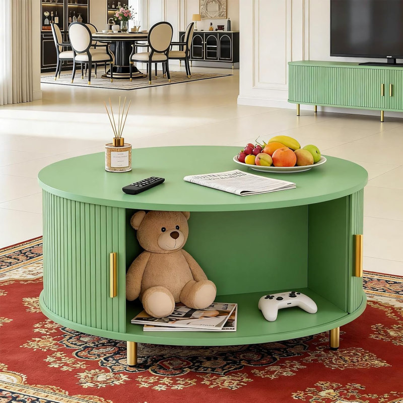 Round Coffee Table with Storage, 31.5" Mid Century Modern Coffee Table with 360° Curved Sliding Door, Green
