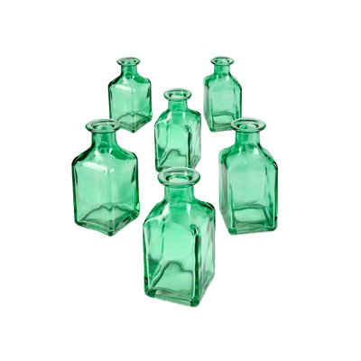 Ensemble de 36 vases à bourgeons en verre vert Red Barrel Studio® de style bouteille rétro - vases élégants, centre de table décoratif en verre pour la réception de mariage, décoration intérieure, 2 po carrés et 4,5 po de hauteur