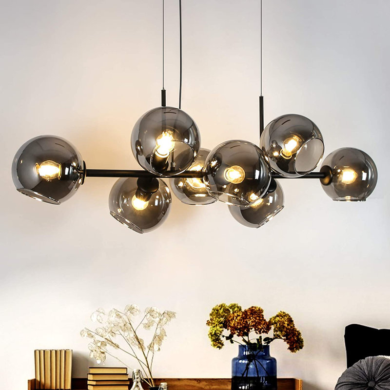 LED pendant light 8-light E27 glass design height-adjustable chandelier Lailah 105cm, Smoke gray