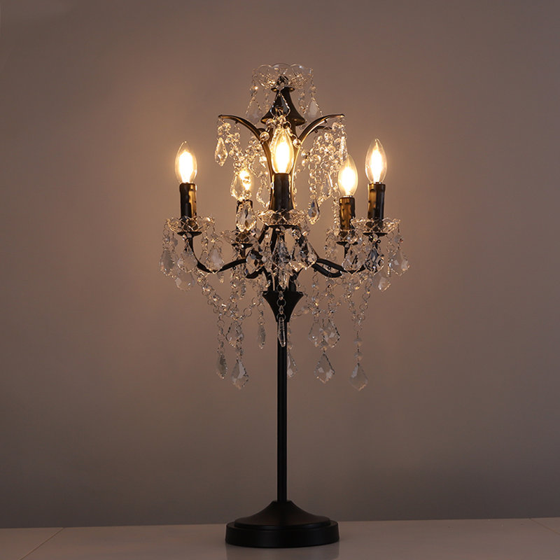  Farmhouse Tranditional Crystal Table Lamp 5-light Black Craft Candelabra Lighting Fixture