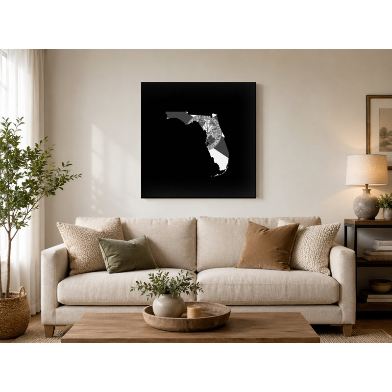 Florida State Map with Flag - Art mural sur toile carrée, 12" W x 12" H