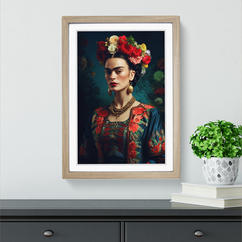 Frida Kahlo Digital No.2 - Single Picture Frame Print on Wood, Oak, 64cm H x 46cm W x 2cm D