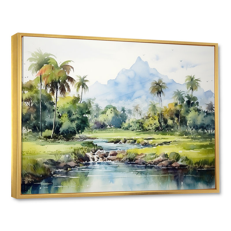 Paysage indonésien - Art mural Indonésie, H 30 po x l 40 po x P 1,5 po, Cadre flottant doré
