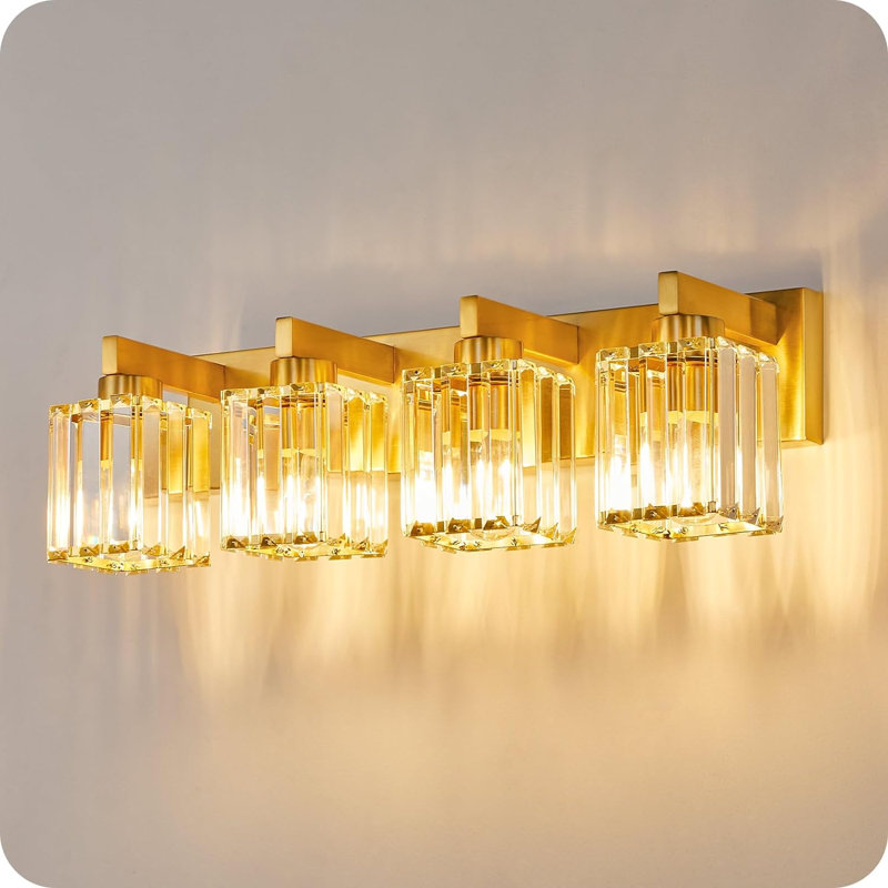 Luminaire de meuble-lavabo 4 lumières, lampes murales noires modernes avec abat-jour en cristal à rayures, base E26, fixation vers le haut ou vers le bas