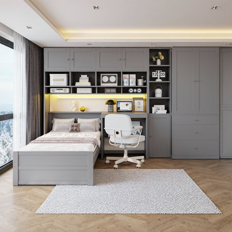 Lit plateforme moderne avec bureau intégré et rangement | Éclairage à DEL, garde-robe, armoires et tiroirs | Mobilier peu encombrant