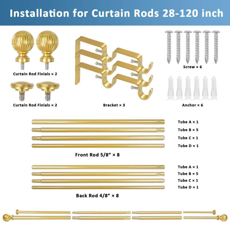 5/8 Inches Adjustable Double Splicing Drapery Curtain Rods With Volle Finials 28"-48", Pewter, Gold, 28" - 120"