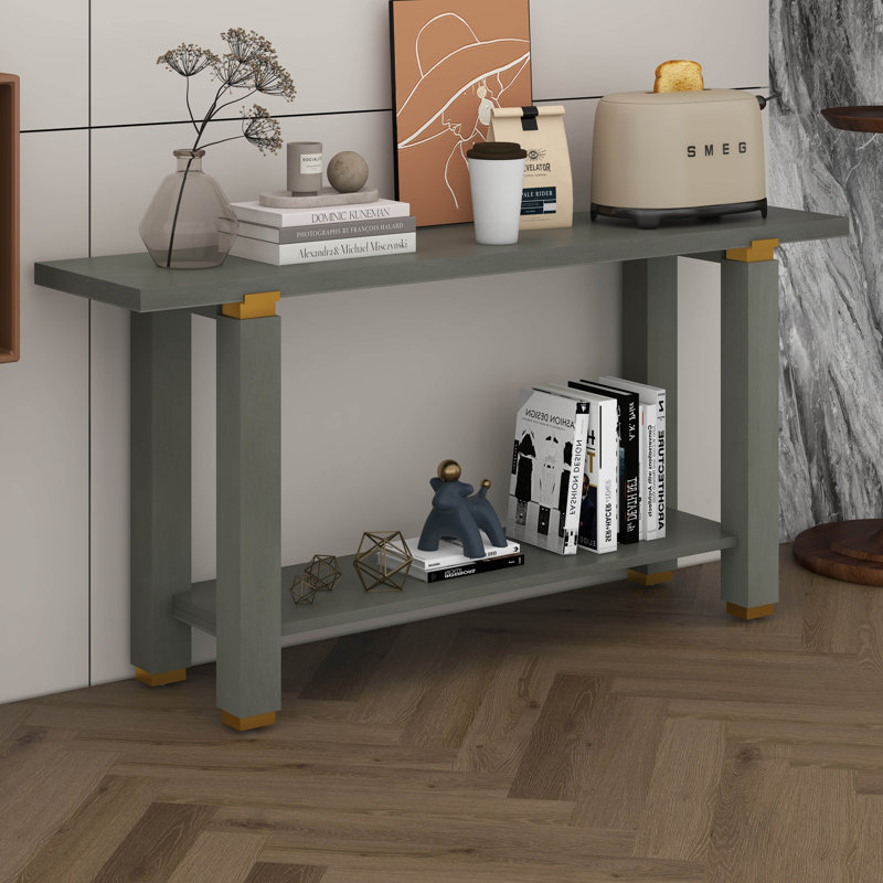 Console de 62,9 po avec console minimaliste moderne, canapé d'entrée en bois de pin massif avec détails en métal, tablette de rangement ouverte