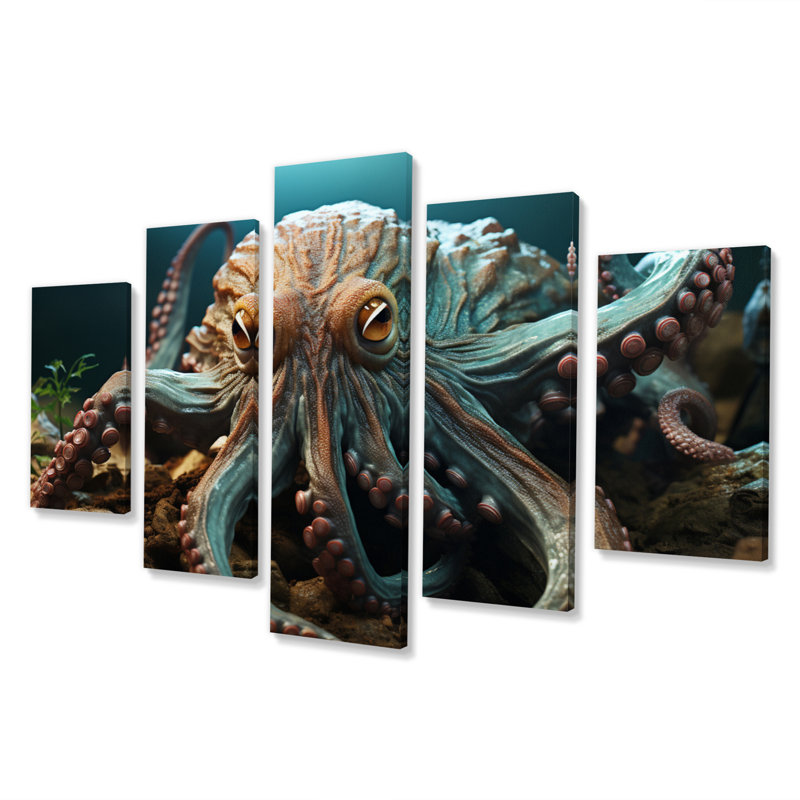 Teal Octopus Lunar Reflections - Décoration murale animaux - 5 panneaux