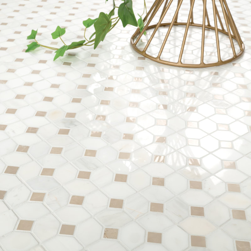 Geometric 13 in. x 13 in. Polished Marble Mosaic Floor and Wall Tile, Calabria Frost Gold