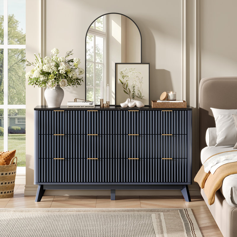 Commode 6 tiroirs avec plateau en faux marbre et design incurvé, Gris foncé