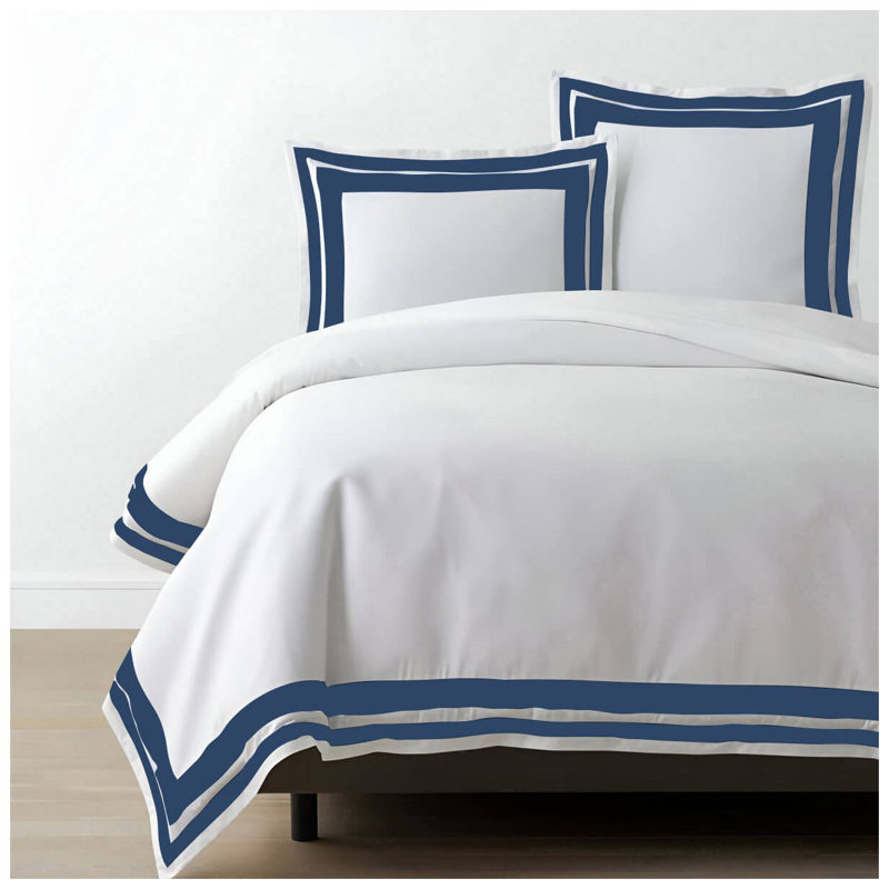400TC Cotton Sateen Double Border Frame Duvet Cover Set, King Duvet Cover, White/Navy Blue