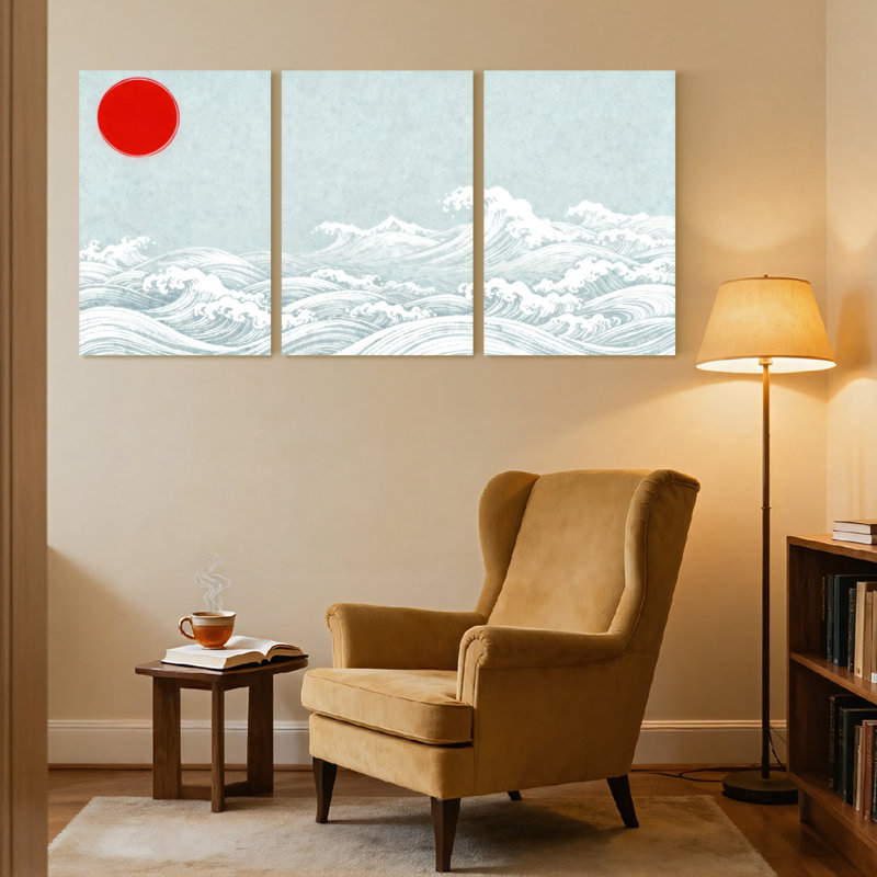 Nautique et plage, vague japonaise et soleil rouge, ensemble de 3 impressions sur toile, H 24 po x l 48 po