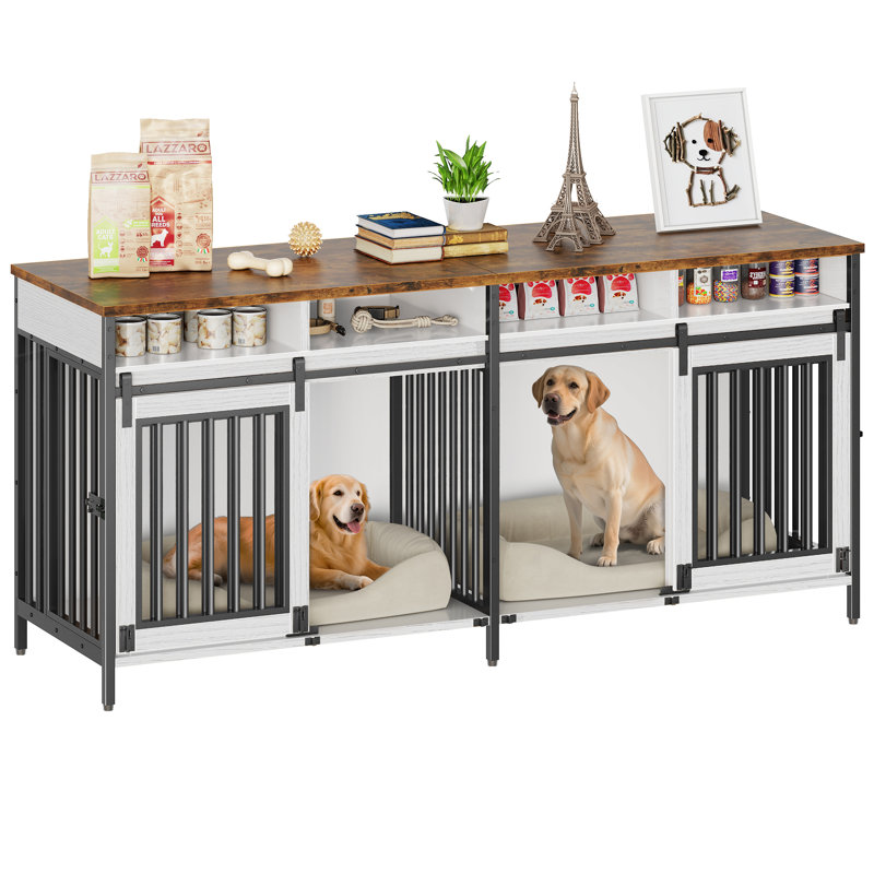 78.74'' Double Dog Crate Furniture with Removable Divider and 4 Compartments, White