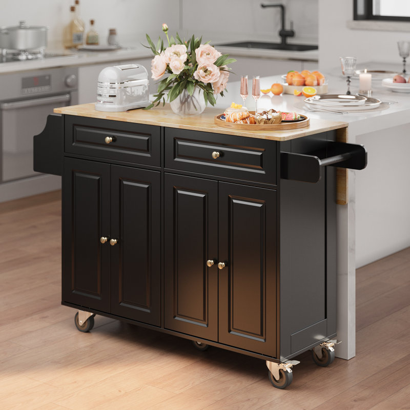 Solid Wood Rolling Kitchen Island, Large Kitchen Cart with Drop Leaf Breakfast Bar, Mobile Storage Island with 2 Cabinets, 2 Drawers, Spice Rack & Locking Casters