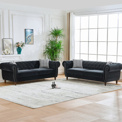 Luxueux canapé Chesterfield 3 + 3 places en velours avec accoudoirs roulés et têtes de clou, pour des sièges élégants et confortables