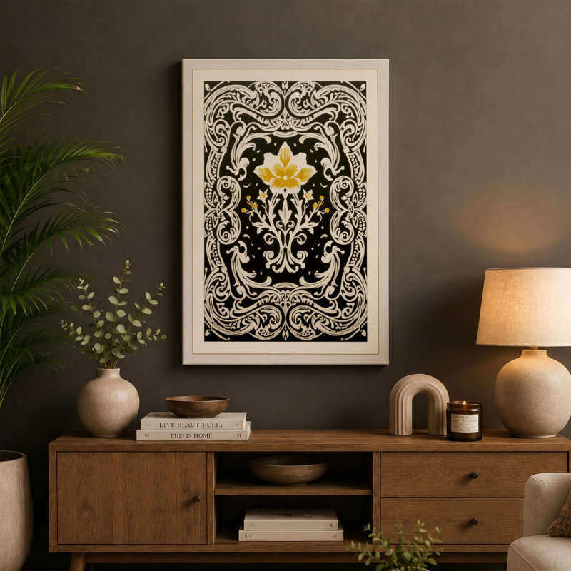 Ornamental Medallion Bloom Botanical - Wrapped Canvas, 24x16 - 61.0 x 40.6 cm, Cream Border