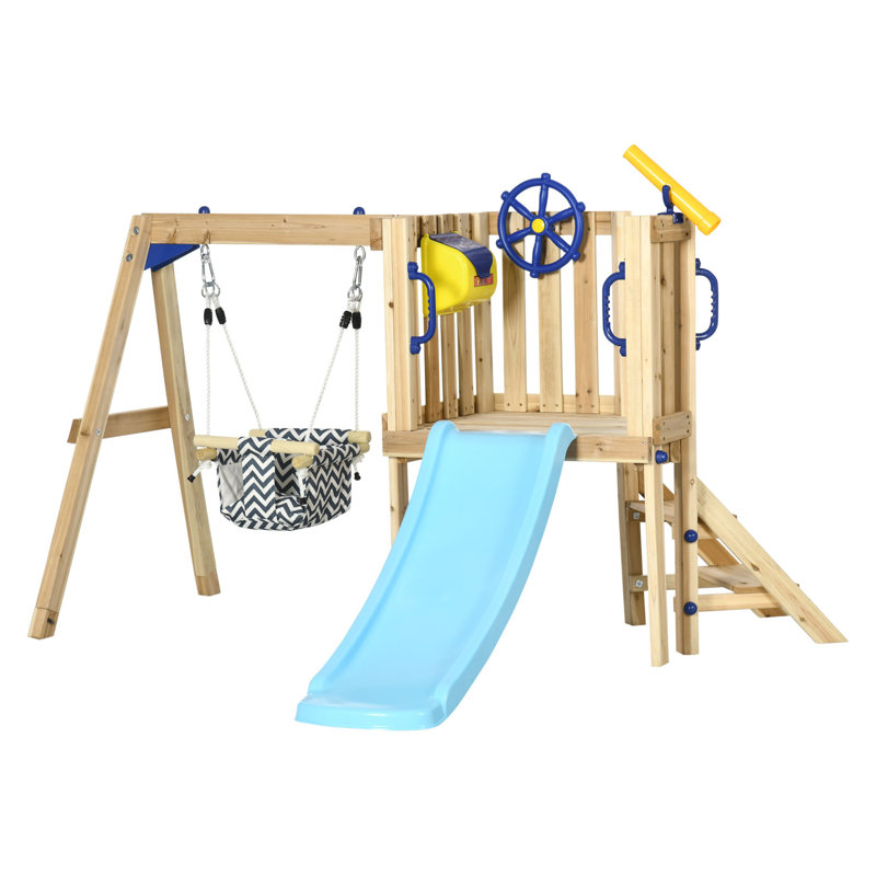 Portique en bois 3-en-1 avec siège de balançoire, glissade, mur d'escalade et jeux Outsunny