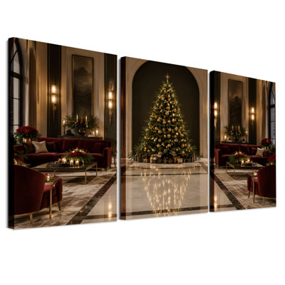 " Tree Gold Ornaments in Marble Entrance Christmas " 3 Piece Art